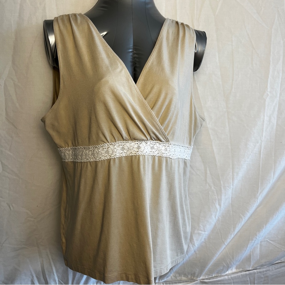 Ann Taylor Loft, XL, wrap sleeveless, tan with white lace band at waist top